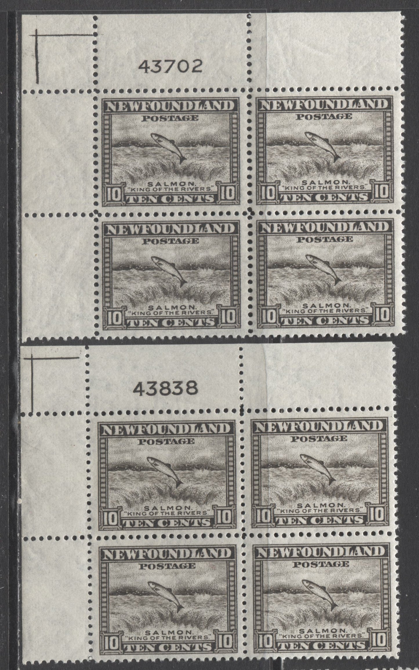 Lot 221 Newfoundland #260 10c Brownish Black Salmon Leaping Falls, 1941-1944 Resources Re-Issue, 2 VFNH UL Plate Blocks Of 4