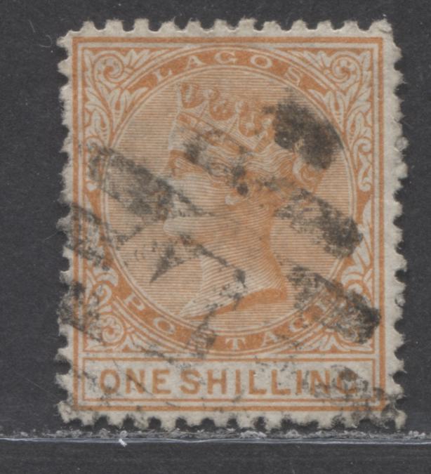 Lot 221 Lagos SG#8a (SC#6) 1/- Orange, Queen Victoria, 1874-1876 Perf. 12.5 Crown CC Issue, 2nd Printing, A Fine Used With "Shilling" 16.5 mm Long, Lagos Barred Killer, 2022 Scott Classic Cat. $70 USD,  Click on Listing to See ALL Pictures