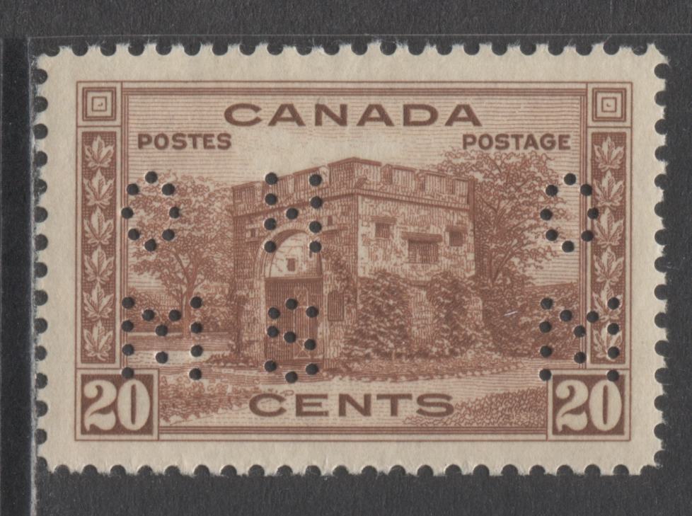 Lot 221 Canada #O9-243 20c Red Brown Fort Garry Gate, 1938 Pictorial 4 Hole OHMS Perfin Issue, A VFNH Single On Horizontal Ribbed Paper With Streaky Brownish Cream Gum, Position A