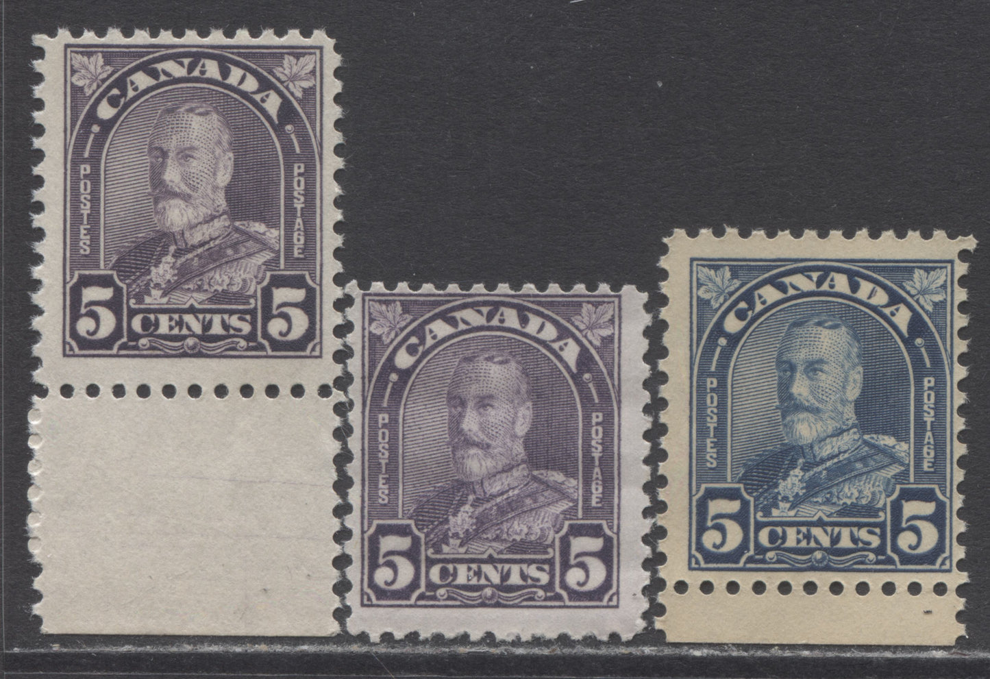 Lot 222 Canada #169, 169a, 170 5c Dull Violet & Dull Blue King George V, 1930-1931 Arch/Leaf Issue, 3 FNH Singles