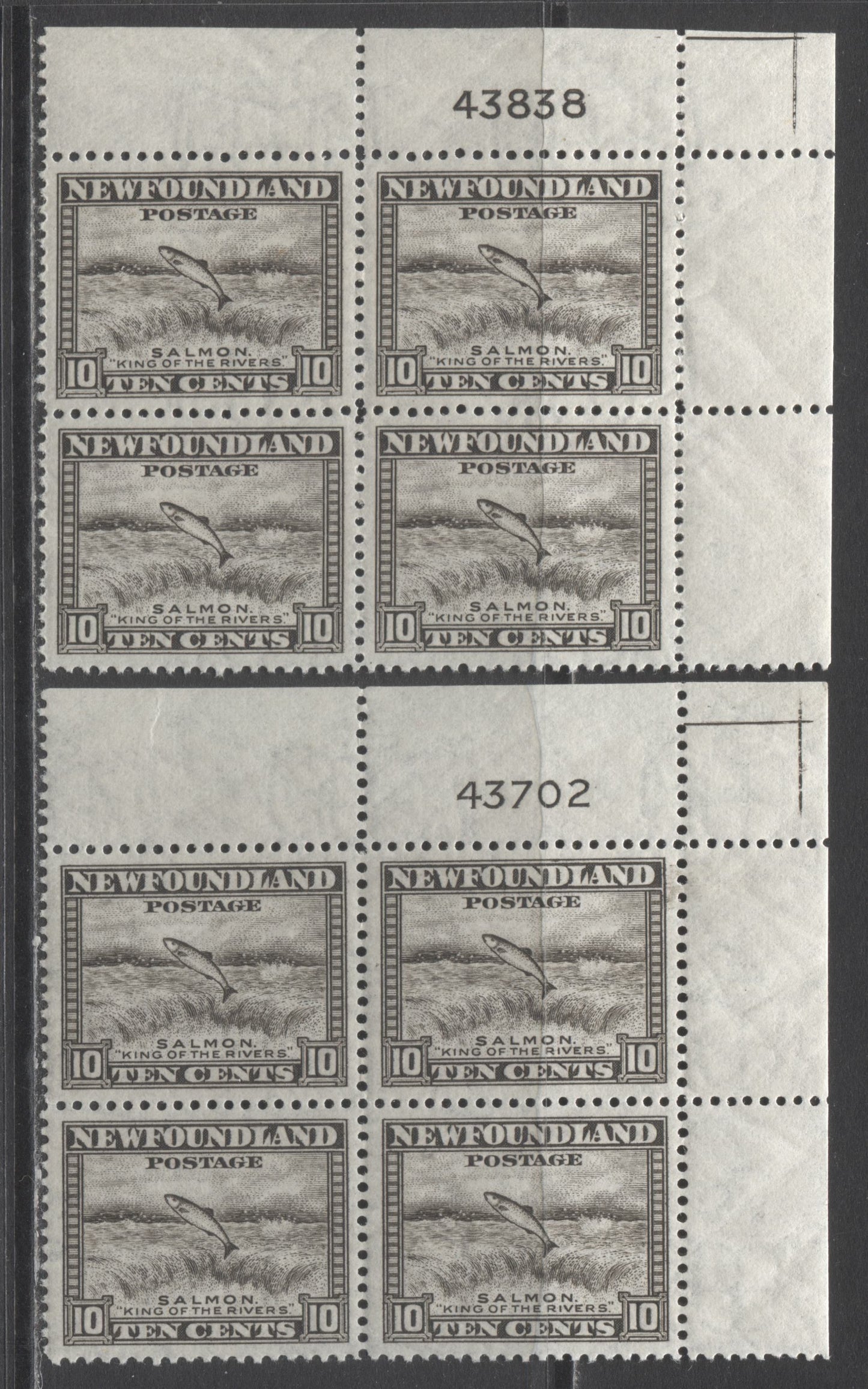 Lot 222 Newfoundland #260 10c Brownish Black Salmon Leaping Falls, 1941-1944 Resources Re-Issue, 2 VFNH UR Plate Blocks Of 4