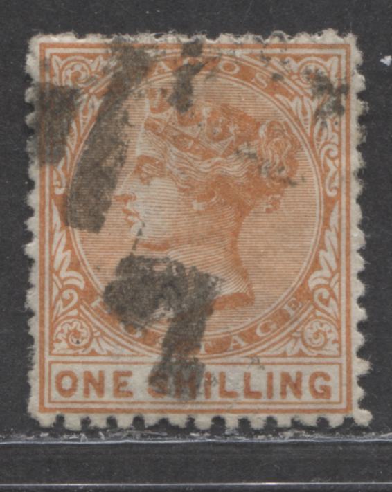 Lot 222 Lagos SG#8a (SC#6) 1/- Deep Red Orange, Queen Victoria, 1874-1876 Perf. 12.5 Crown CC Issue, 4th Printing, Fine Used With "Shilling" 16.5 mm Long, Lagos Barred Killer, 2022 Scott Classic Cat. $70 USD,  Click on Listing to See ALL Pictures