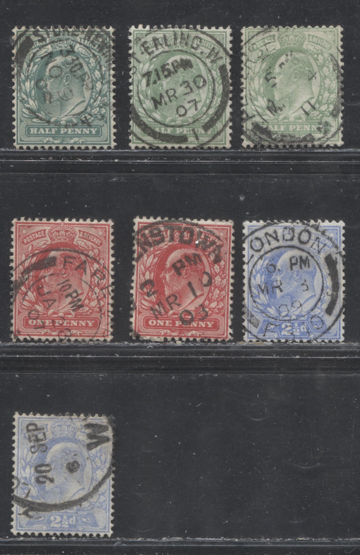 Lot 222 Great Brittain SG#216/231 1/2d - 2.5d Blue Green - Ultramarine King Edward VII, 1902-1910 De La Rue Keyplate Issue, 7 Fine Used Singles, Imperial Crown Watermark, Perf. 14, Including Most Gibbons Listed Shades
