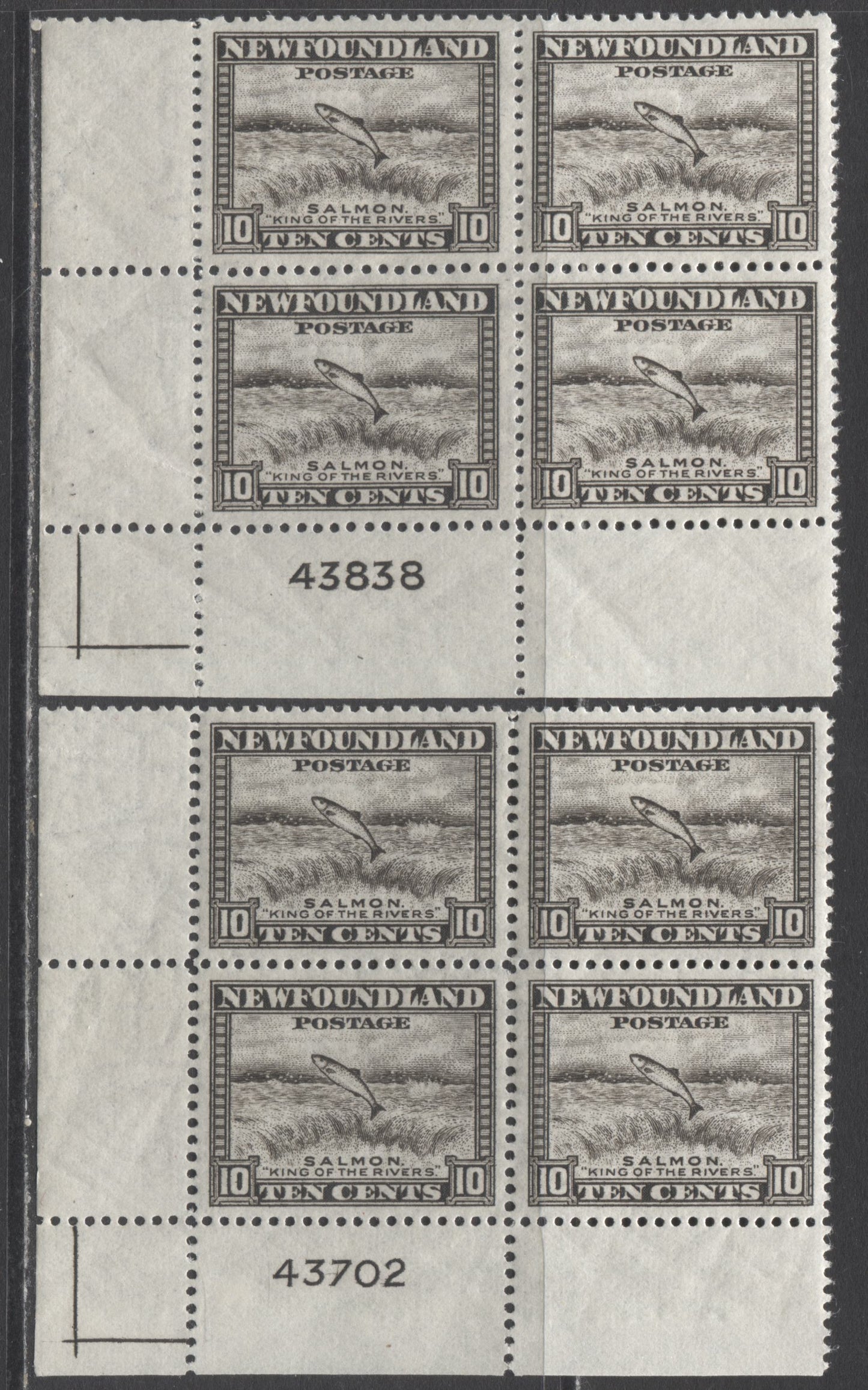 Lot 223 Newfoundland #260 10c Brownish Black Salmon Leaping Falls, 1941-1944 Resources Re-Issue, 2 VFNH LL Plate Blocks Of 4