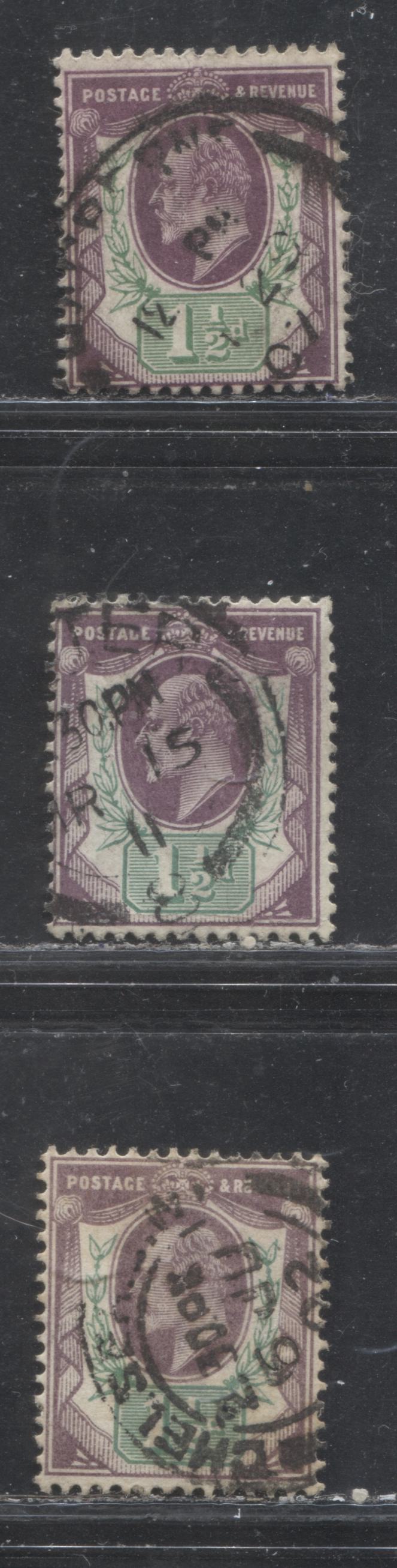 Lot 223 Great Brittain SG#223-224 1.5d Dull Purple & Green King Edward VII, 1902-1910 De La Rue Keyplate Issue, 3 VG Used Singles, Imperial Crown Watermark, Ordinary & Chalk Surfaced Papers, Perf. 14, Including Three Listed Shades