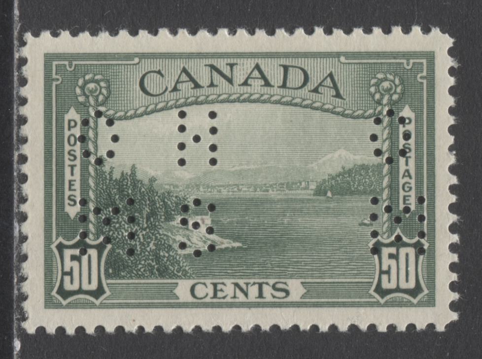 Lot 223 Canada #O9-244 50c Green Vancouver Harbour, 1938 Pictorial 4 Hole OHMS Perfin Issue, A VFNH Single On Vertical Wove Paper With Cream Gum, Position A