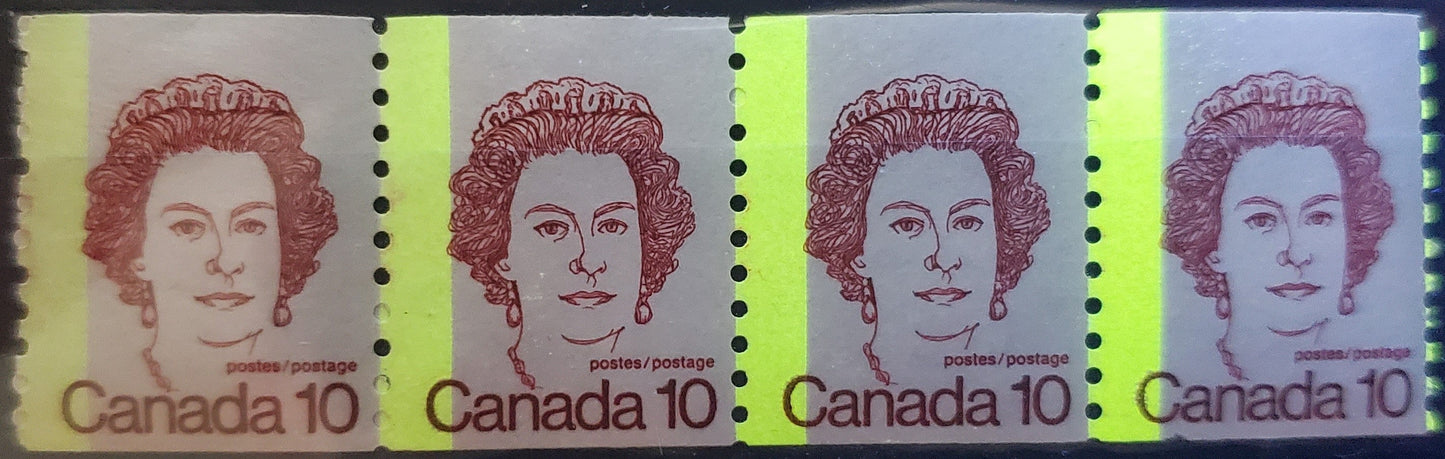 Lot 334 Canada #605T1 10c Dark Carmine Queen Elizabeth II, 1974-1976 Caricature Definitives - Coil Stamp Issue, A FNH Strip Of 4 On DF Paper With G2aL Tagging Error And The Smallest Trace Of Tagging Down Right Stamp $60