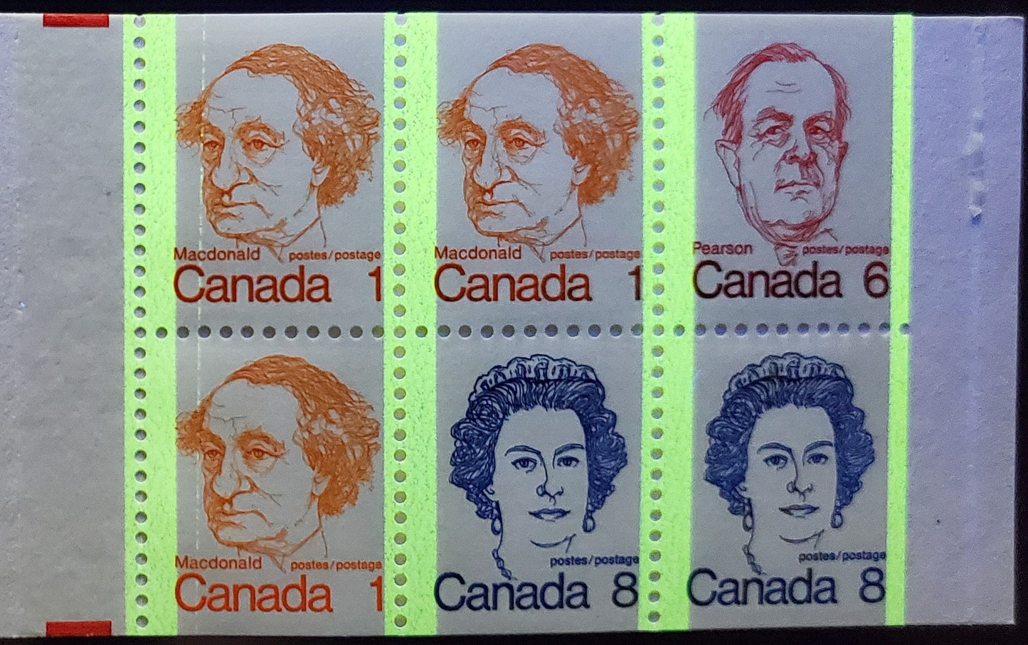 Canada #BK74ki, 1972-1978 Caricature Issue, A Complete 25c Booklet, MF Junkers W-34 Cover, NF/NF Smooth, Vertical Ribbed Paper, Deeper Shades, Extra Hairline Tag Bar On 1/1 And 2/1, Re-entry On Postage