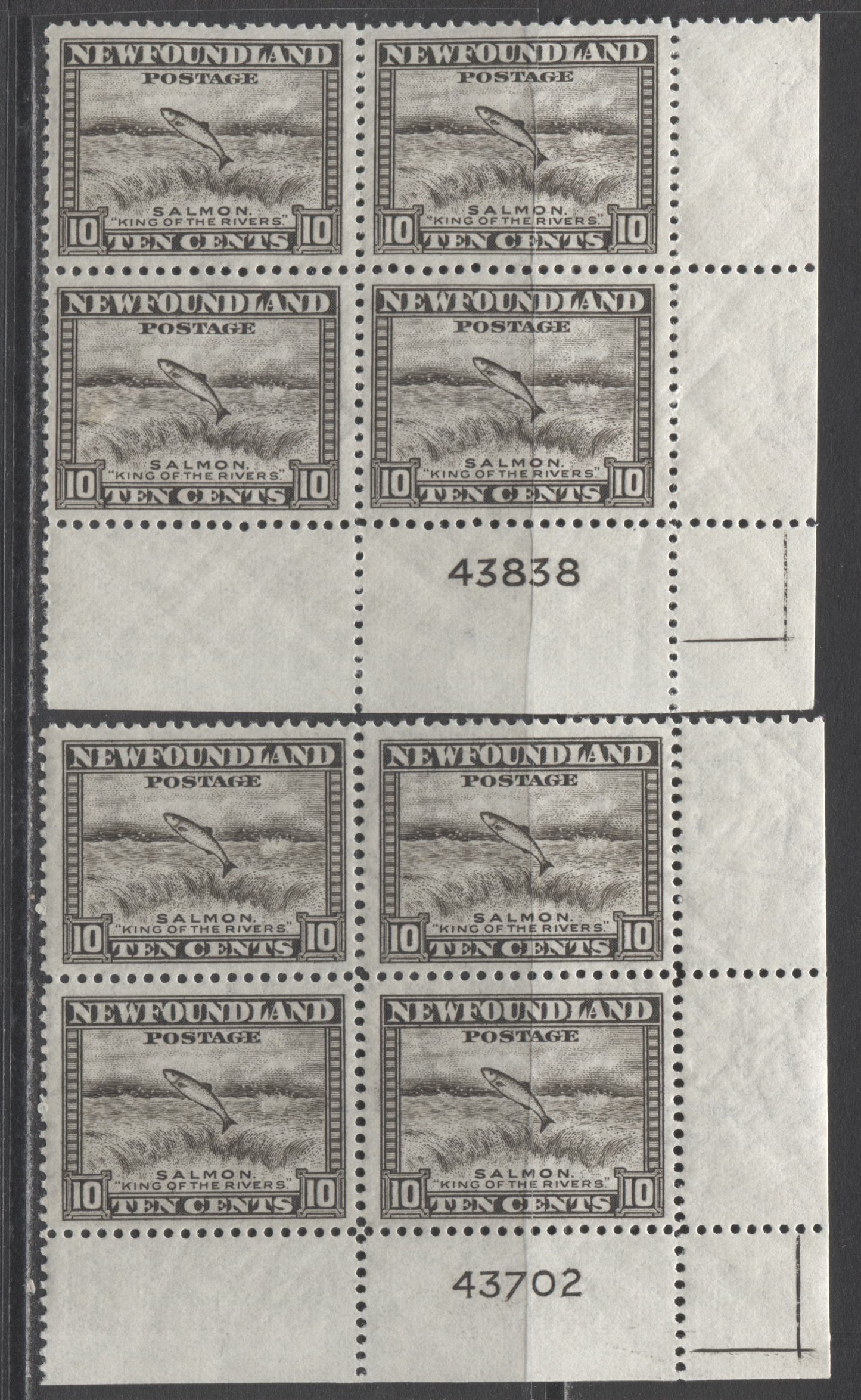 Lot 224 Newfoundland #260 10c Brownish Black Salmon Leaping Falls, 1941-1944 Resources Re-Issue, 2 VFNH LR Plate Blocks Of 4