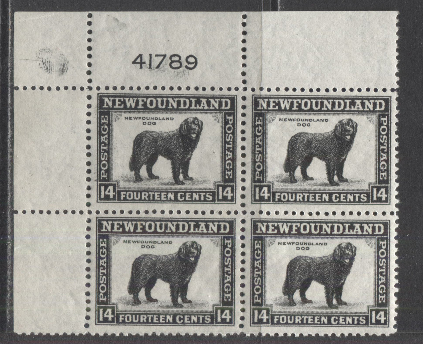 Lot 225 Newfoundland #261 14c Black Newfoundland Dog, 1941-1944 Resources Re-Issue, A VFNH UL Plate 41789 Block Of 4