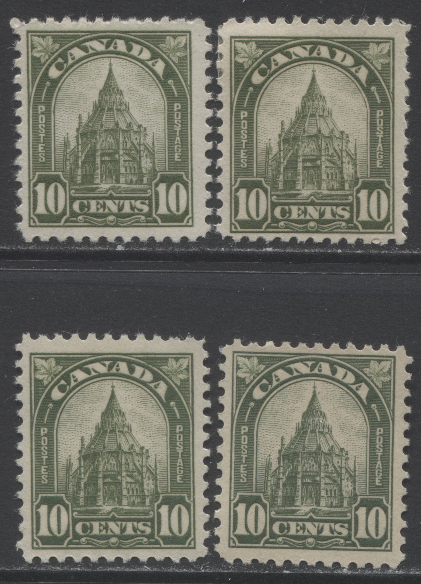 Lot 225 Canada #173 10c Olive Green Library Of Parliament, 1930-1931 Arch/Leaf Issue, 4 F/VFOG Singles Showing Different Shades & Gums