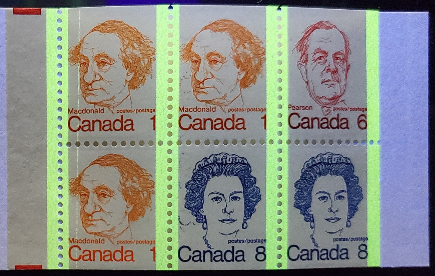 Lot 48 Canada #BK74jvar, 1972-1978 Caricature Issue, A Complete 25c Booklet, HF Argus Cover, NF/NF Smooth, Stuttering C Variety, Additional Hairline Tag Bar On 1/1 & 2/1, Re-entry In Postage 1/3