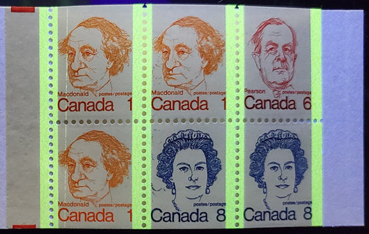 Lot 48 Canada #BK74jvar, 1972-1978 Caricature Issue, A Complete 25c Booklet, HF Argus Cover, NF/NF Smooth, Stuttering C Variety, Additional Hairline Tag Bar On 1/1 & 2/1, Re-entry In Postage 1/3