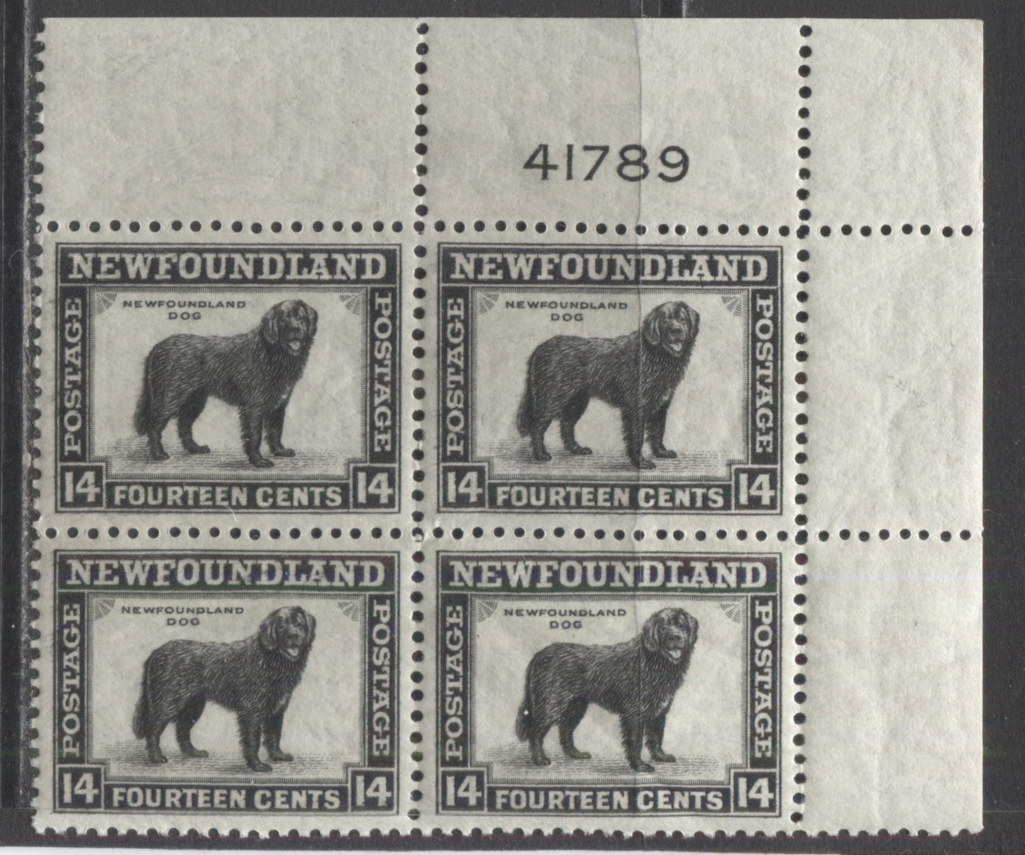 Lot 226 Newfoundland #261 14c Black Newfoundland Dog, 1941-1944 Resources Re-Issue, A VFNH UR Plate 41789 Block Of 4