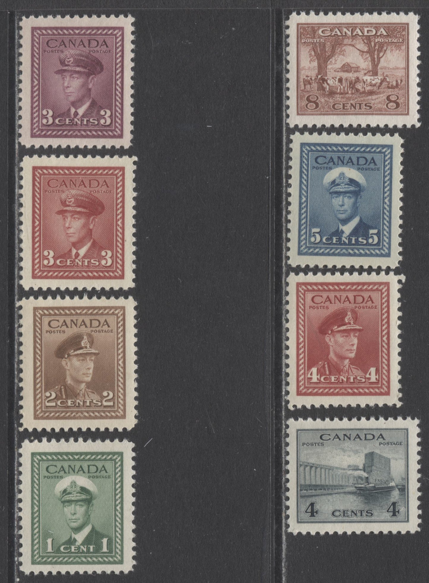Lot 226 Canada #249-256 1c - 8c Green - Red Brown King George VI - Farm Scene, 1942-1943 War Issue, 8 VFNH Singles On Horizontal & Vertical Wove Papers With Cream Gum