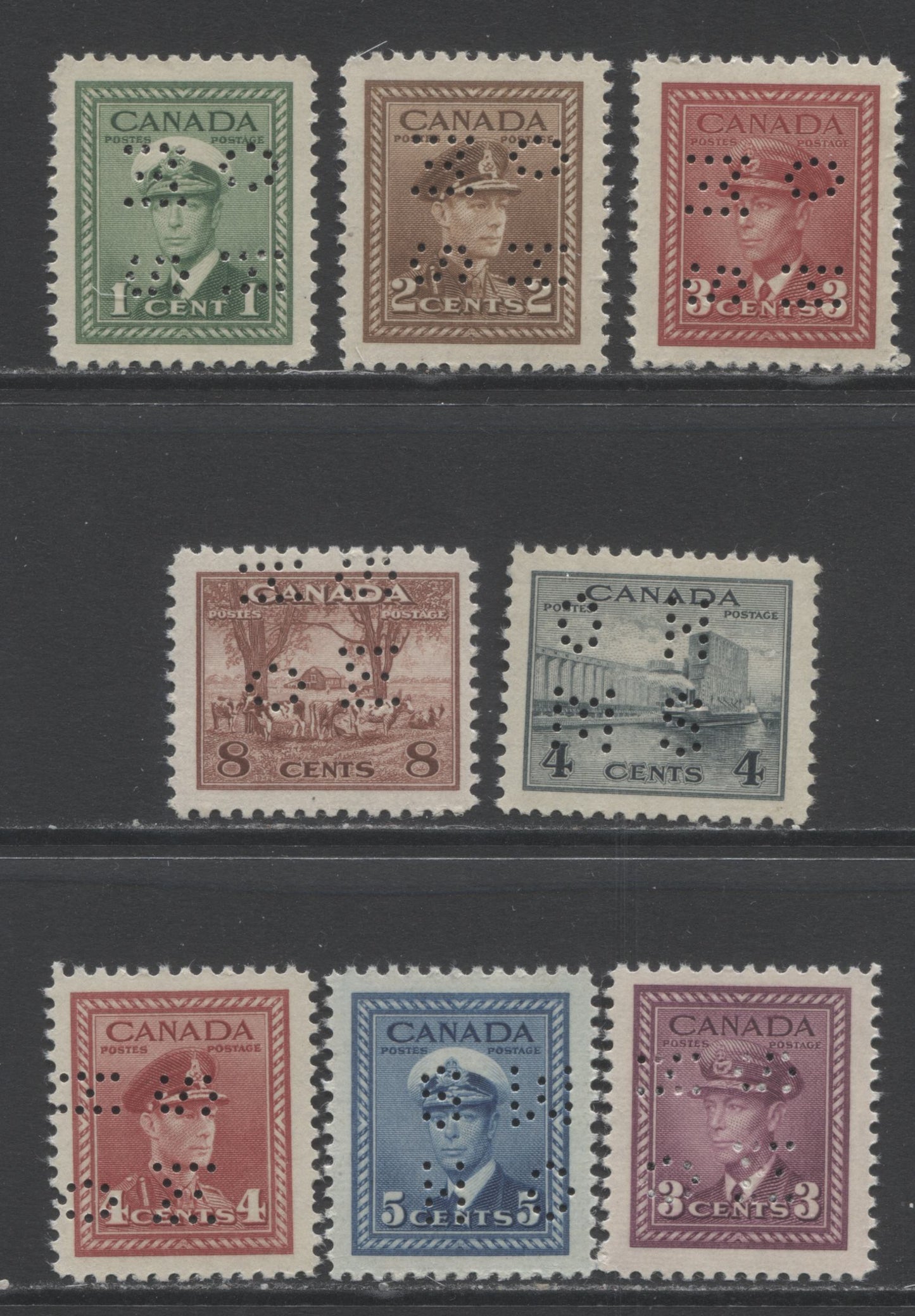 Lot 227 Canada #O9-249 - O9-251, O10-252, O10-255, O9-253, O9-255 1c - 8c Green - Red Brown King George VI - Farm Scene, 1942-1943 War OHMS Perfin Issue, 8 F/VFNH Singles On Vertical Wove Paper With Cream & Mottled Gum, Different Positions