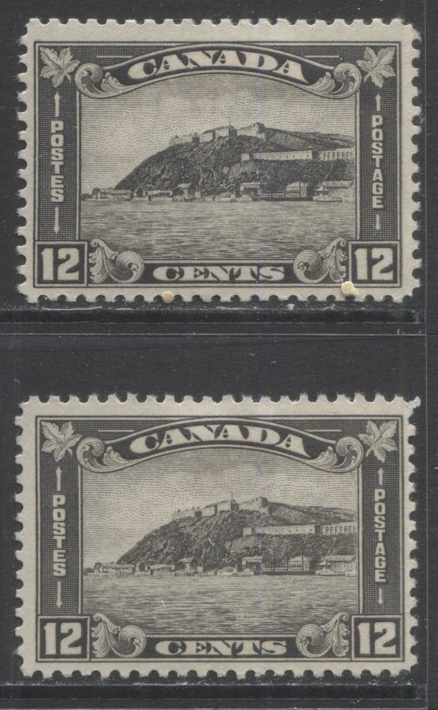 Lot 227 Canada #174 12c Gray Black Quebec Citadel, 1930-1931 Arch/Leaf Issue, 2 FOG Singles With Cream & Brownish Cream Gum