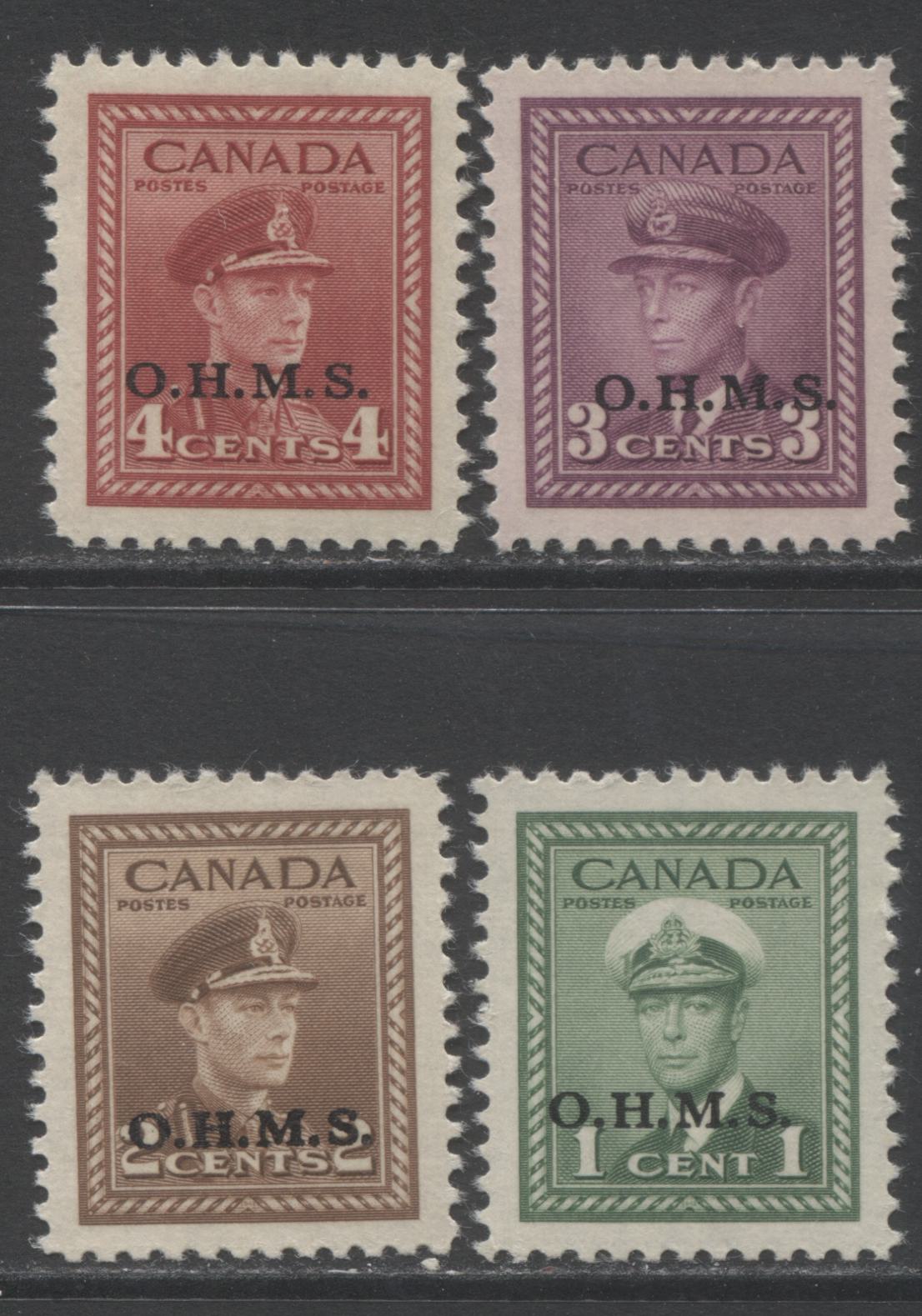 Lot 228 Canada #O1-O4 1c-4c Green - Dark Carmine King George VI, 1942-1943 OHMS Overprinted War Issue, 4 VFNH Singles On Vertical Wove Paper With Cream Gum