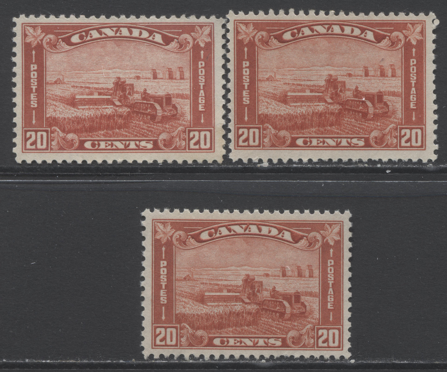 Lot 228 Canada #175 20c Brown Red Harvesting Wheat, 1930-1931 Arch/Leaf Issue, 3 FOG Singles Showing 3 Different Shades & 2 Gum Combinations