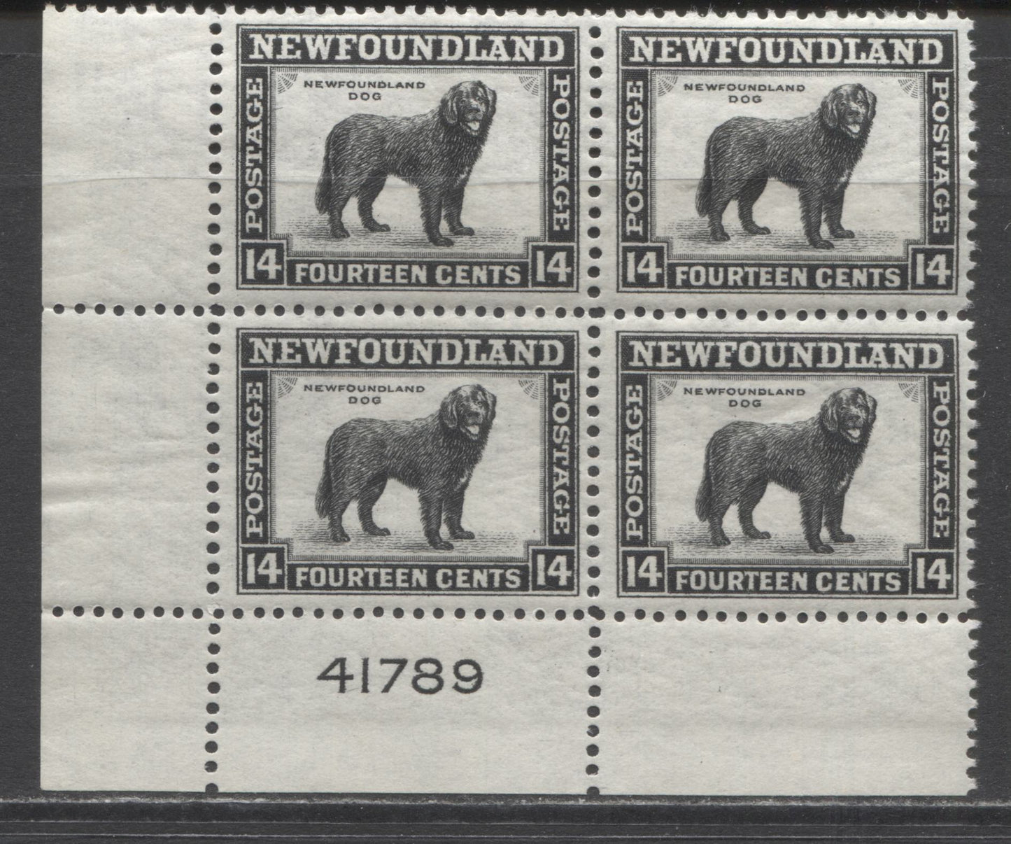 Lot 228 Newfoundland #261 14c Black Newfoundland Dog, 1941-1944 Resources Re-Issue, A VFNH LL Plate 41789 Block Of 4