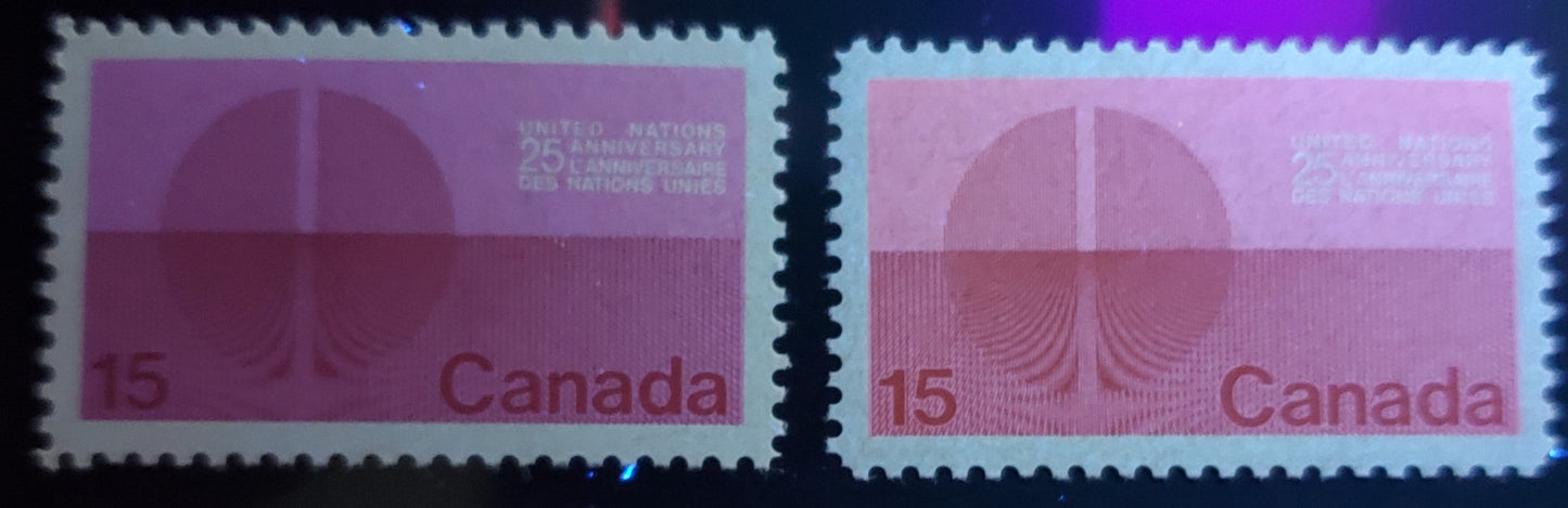 Canada #514 var 15c Dull Lilac And Dark Red Energy Unification, 1970 United Nations Issue, A VFNH Single Bright Fluorescent Pink Ink Under UV, On DF Grey/ DF Greyish White Flecked Horizontal Ribbed Paper