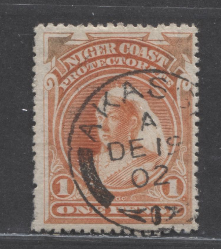 Lot 229 Niger Coast SC#56(SG#67d) One Penny Vermillion 1897 - 1898 Watermarked Issue, Perf 13.5 - 14 , A Fine Used Example, Click on Listing to See ALL Pictures, Estimated Value $10 USD