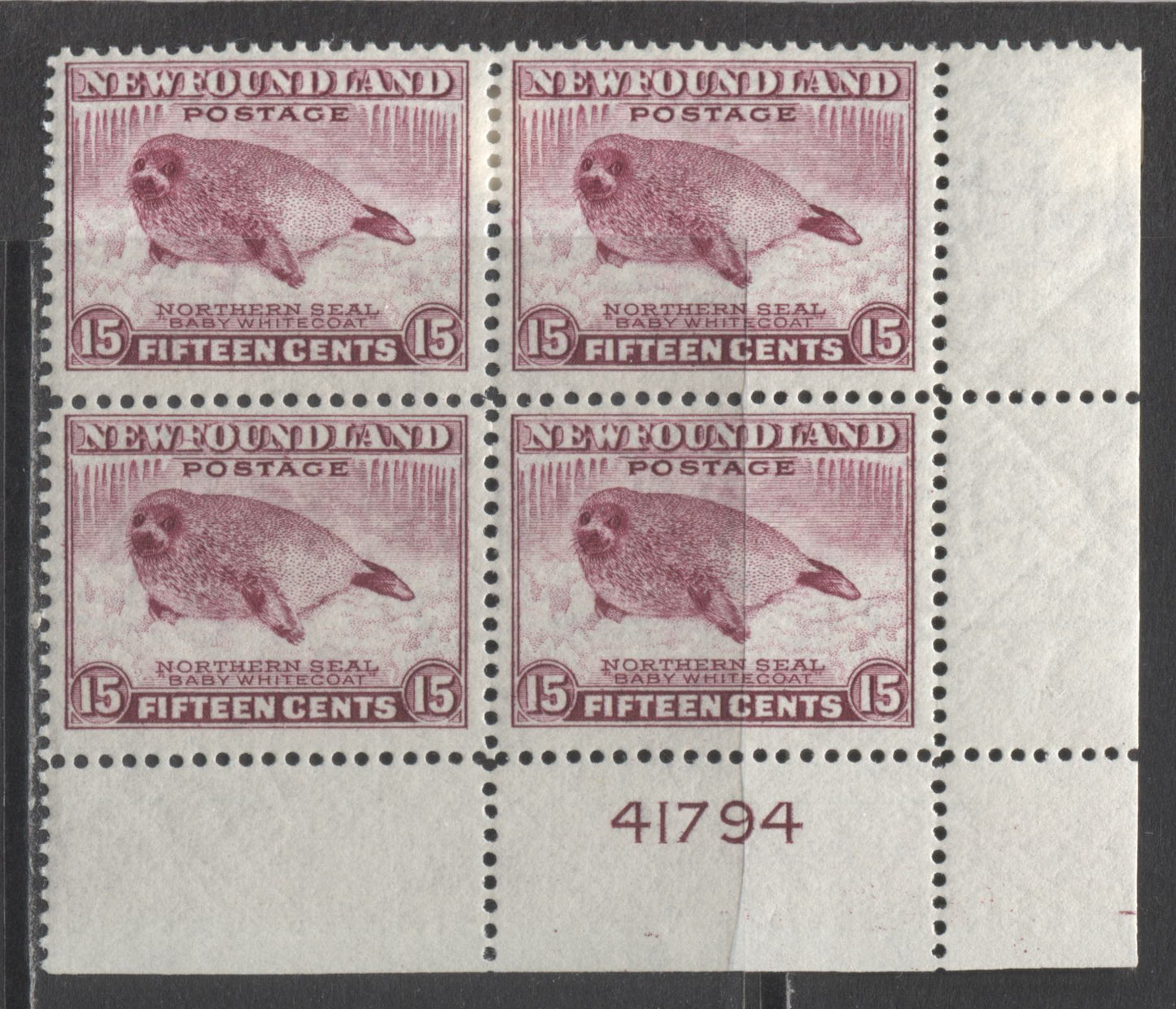 Lot 229 Newfoundland #262 15c Pale Rose Violet Harp Seal Pup, 1941-1944 Resources Re-Issue, A FNH LR Plate 41794 Block Of 4