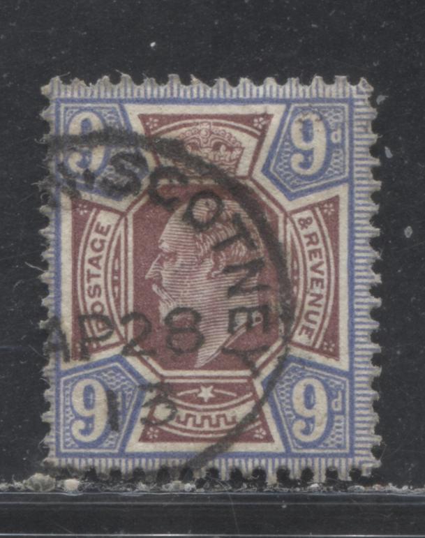 Lot 229 Great Brittain SG#306a 9d Deep Dull Reddish Purple & Deep Bright Blue King Edward VII, 1912-1913 Somerset House Keyplate Issue, A Fine Used Example, Imperial Crown Watermark, Ordinary Paper, Perf. 14, Nice April 28, 1913 CDS Cancel