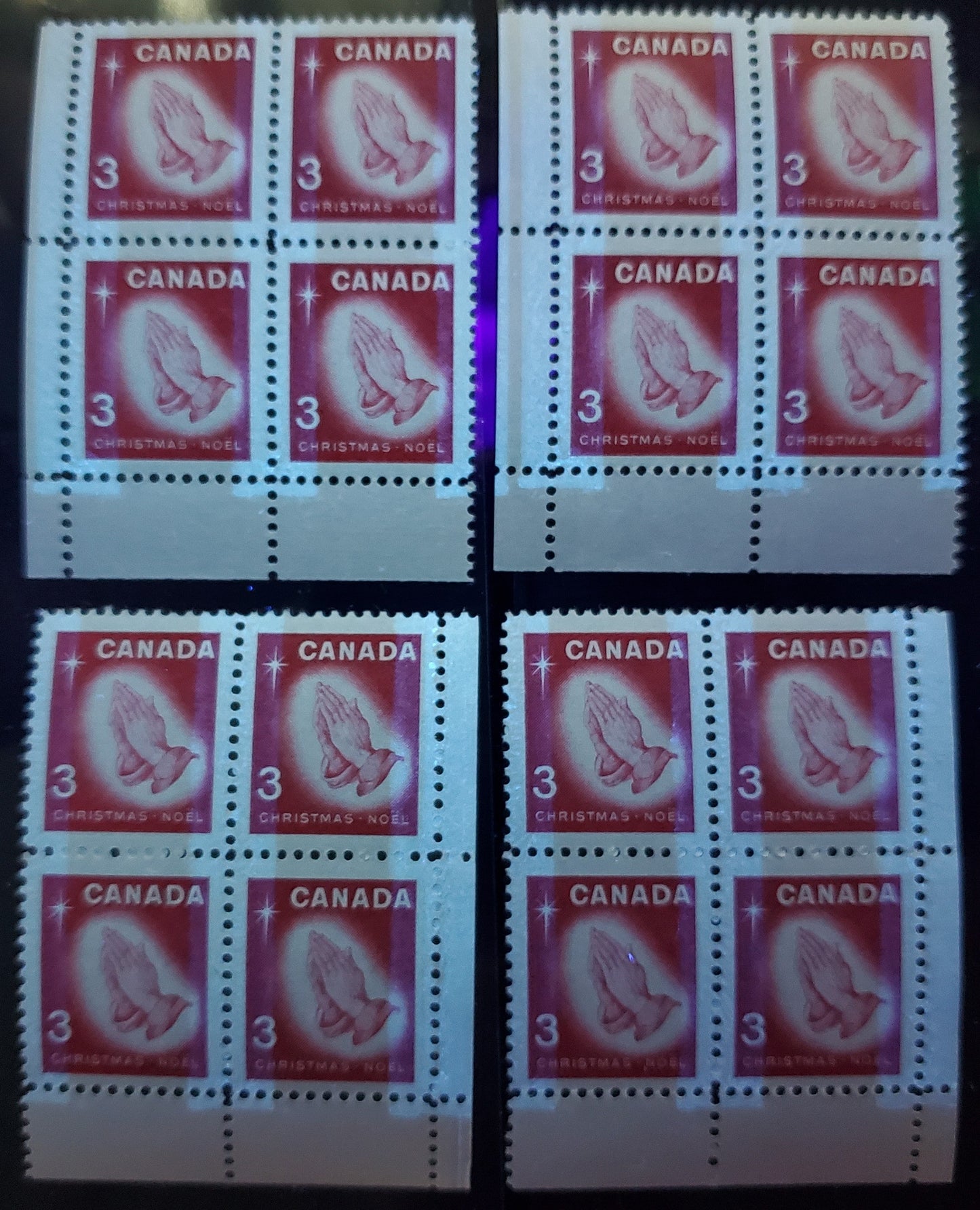 Canada #451p 3c Carmine Rose Praying Hands, 1966 Christmas, 4 VFNH LL & LR Blocks Of 4 On NF Paper, Bluish White W2B Tagging Bars With 3-4 Second Afterglow With Smooth & Streaky Dex Gums