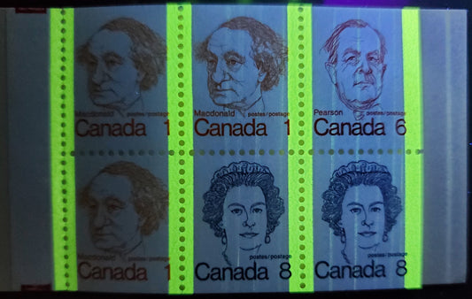 Canada #BK74avar, 1972-1978 Caricature Issue, A Complete 25c Booklet, Dead Nieuport Scout Cover, Smooth DF/DF Grayish, Vertical Hairline Tag Streaks Down 1/3, 2/2 And 2/3