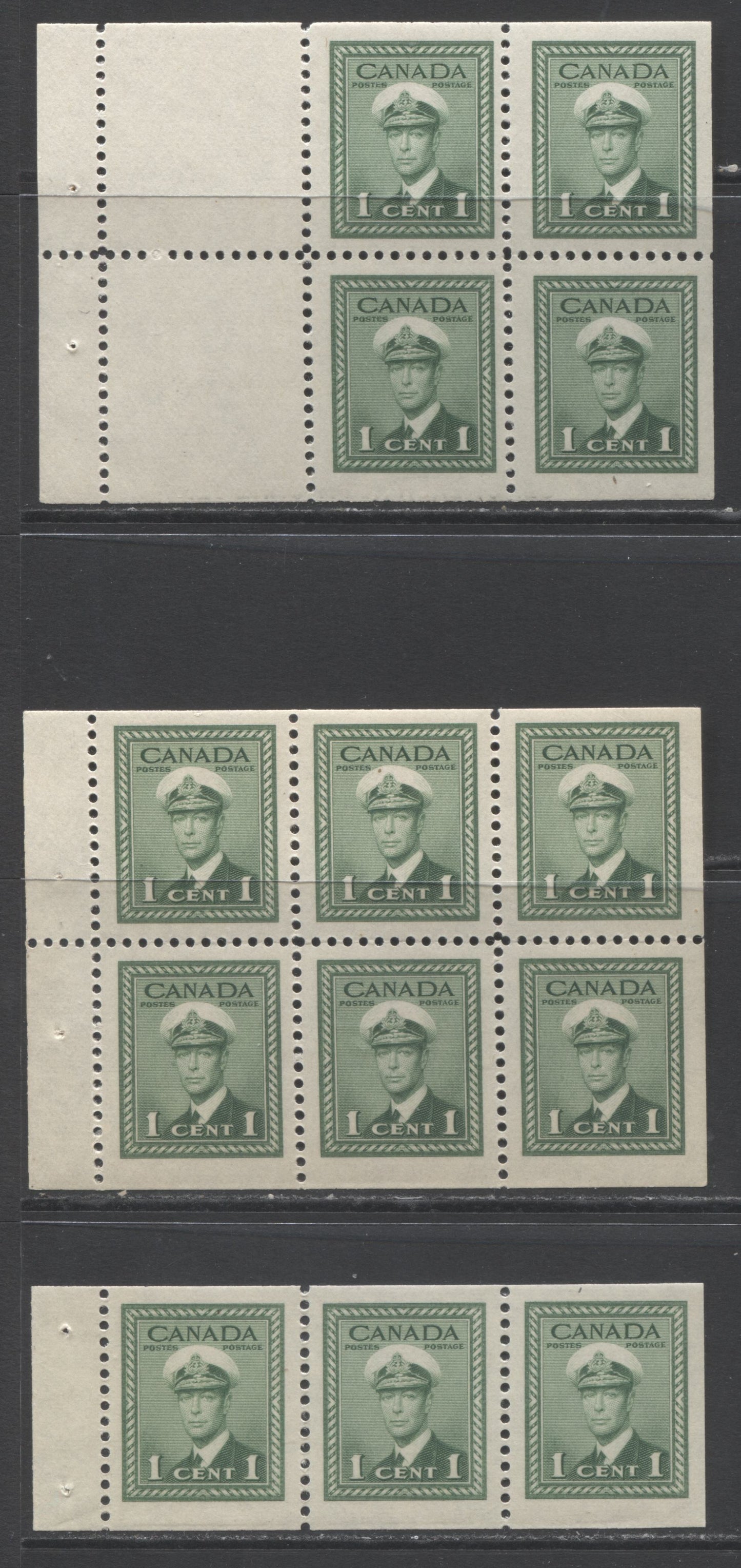 Lot 230 Canada #249a-c 1c Green King George VI, 1942-1943 War Issue, 3 Fine NH and VFNH Booklet Panes Of 3, 4 + 2 Labels & 6 On Vertical Wove Paper With Cream Gum