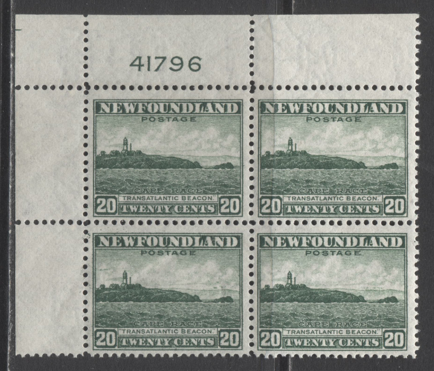Lot 230 Newfoundland #263 20c Green Cape Race, 1941-1944 Resources Re-Issue, A VFNH UL Plate 41796 Block Of 4
