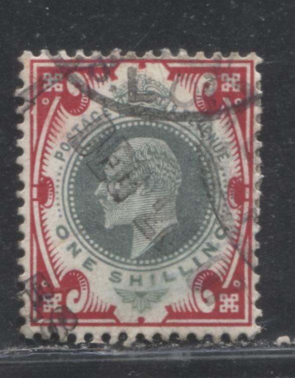 Lot 230 Great Brittain SG#257a 1/- Dull Green & Carmine King Edward VII, 1902-1910 De La Rue Keyplate Issue, A Fine Used Example, Imperial Crown Watermark, Chalk Surfaced Paper, Perf. 14, Light Parcel Cancel, Nice Colour