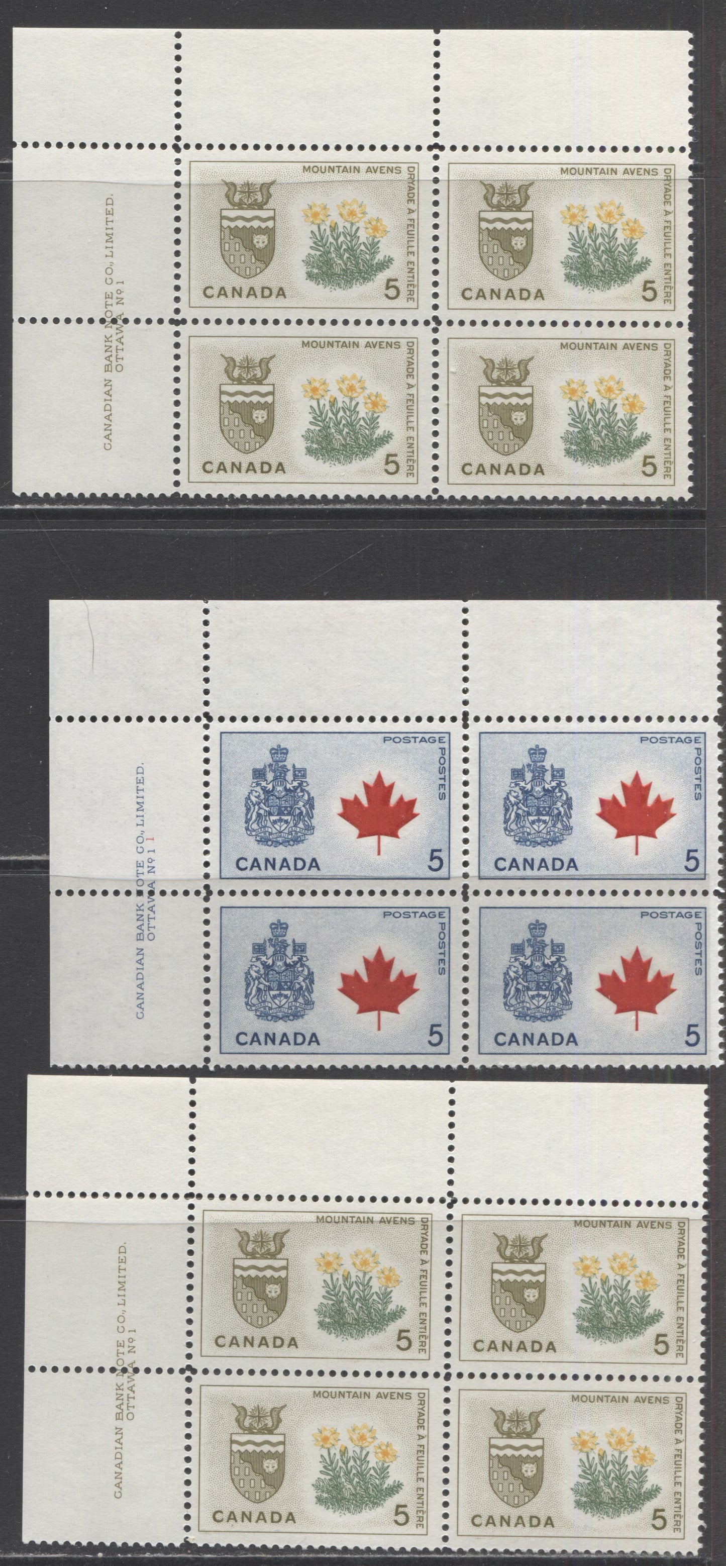 Lot 23 Canada #422-423, 425, 427-430 5c & 8c On 7c Red Brown, Lilac And Dull Green & Blue Manitoba - Jet Plane, 1964-1966 Floral Emblems & Coat Of Arms And Jet Surcharge Issue, 9 VFNH UL Plate 1 & Blank Blocks Of 4