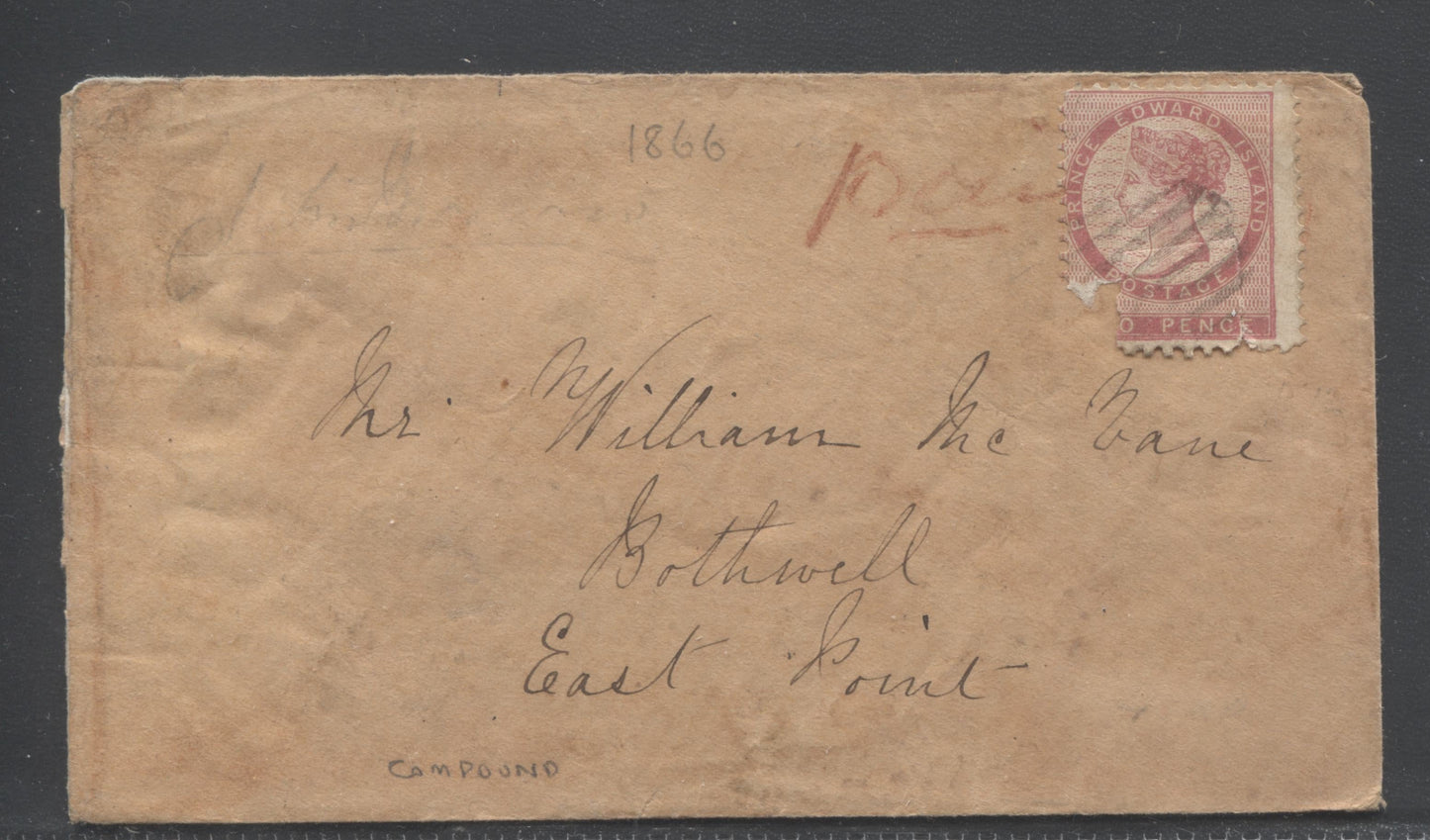 Lot 23 Prince Edward Island #5 2d Deep Rose Perf. 11.75 Die 1 Single Usage on 1866 Cover to William McMane, Bothwell, East Point PEI