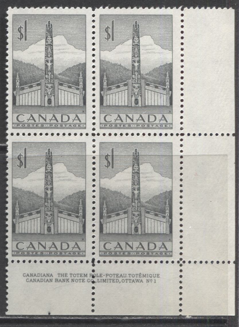 Lot 23 Canada #321 $1 Gray Totem Pole, 1953 Totem Pole Issue, A Fine NH LR Plate 1 Block Of 4