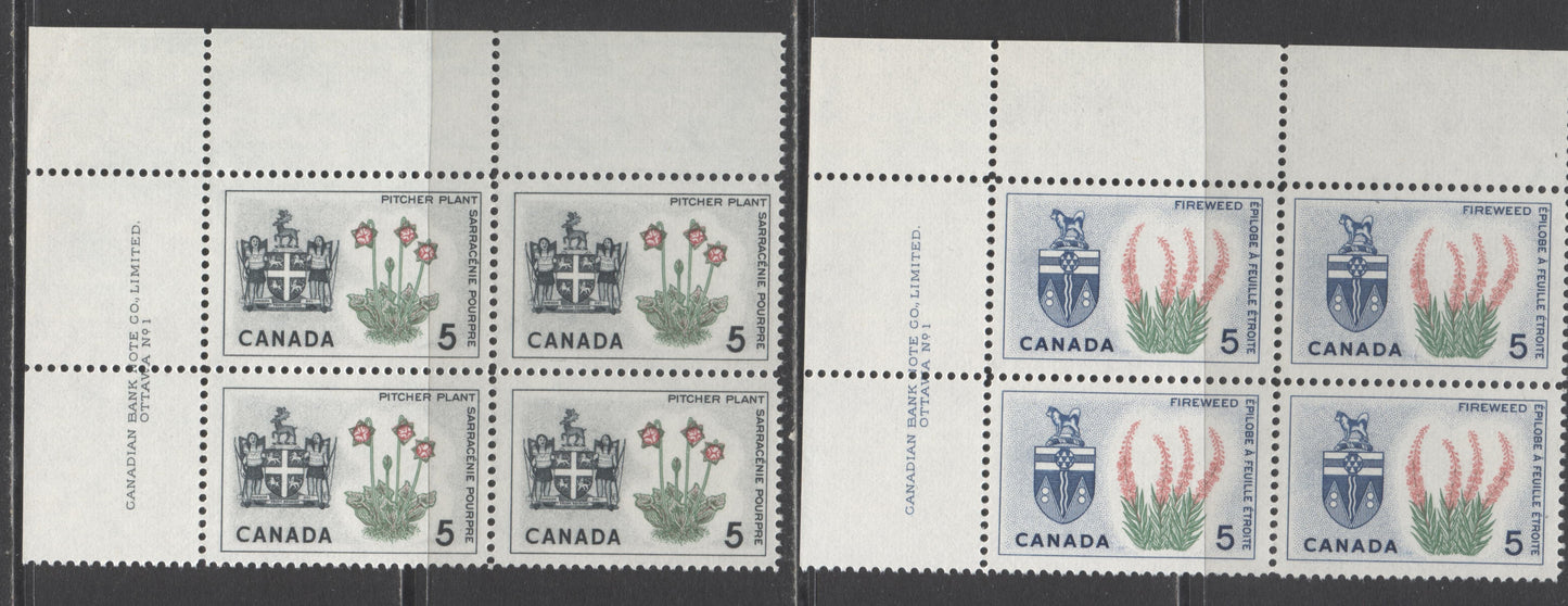 Lot 23 Canada #422-423, 425, 427-430 5c & 8c On 7c Red Brown, Lilac And Dull Green & Blue Manitoba - Jet Plane, 1964-1966 Floral Emblems & Coat Of Arms And Jet Surcharge Issue, 9 VFNH UL Plate 1 & Blank Blocks Of 4