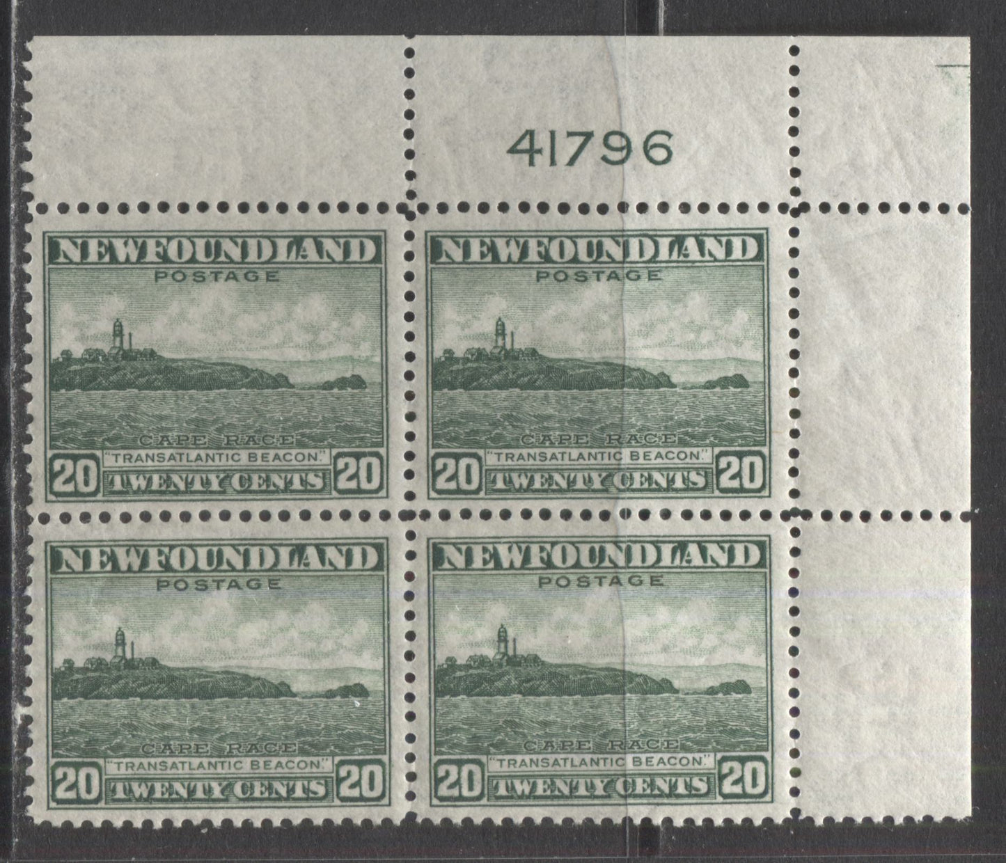 Lot 231 Newfoundland #263 20c Green Cape Race, 1941-1944 Resources Re-Issue, A VFNH UR Plate 41796 Block Of 4