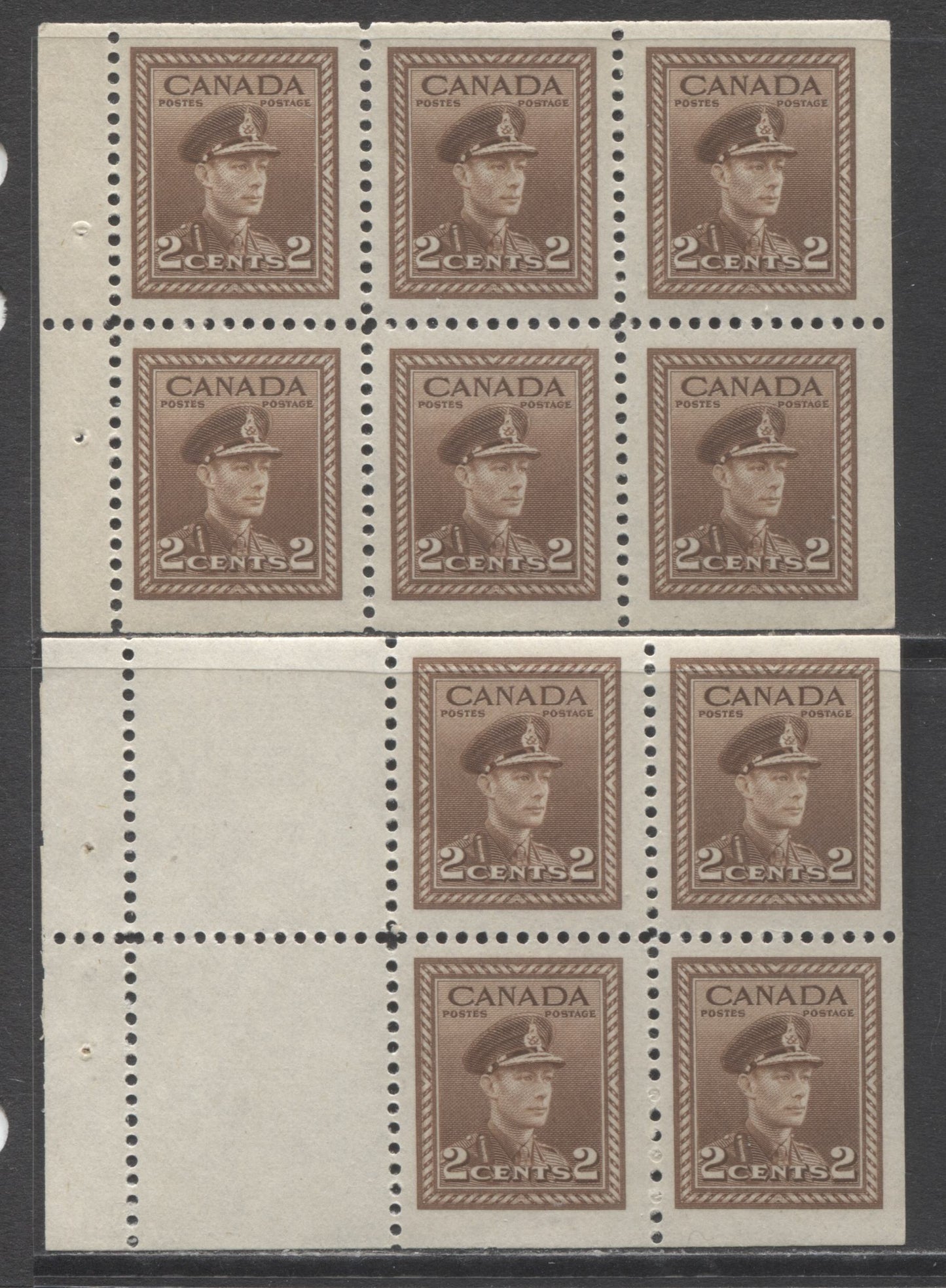 Lot 231 Canada #250a-b 2c Brown King George VI, 1942-1943 War Issue, 2 Fine NH and VFNH Booklet Panes Of 4 + 2 Labels & 6 On Vertical Wove Paper With Cream Gum