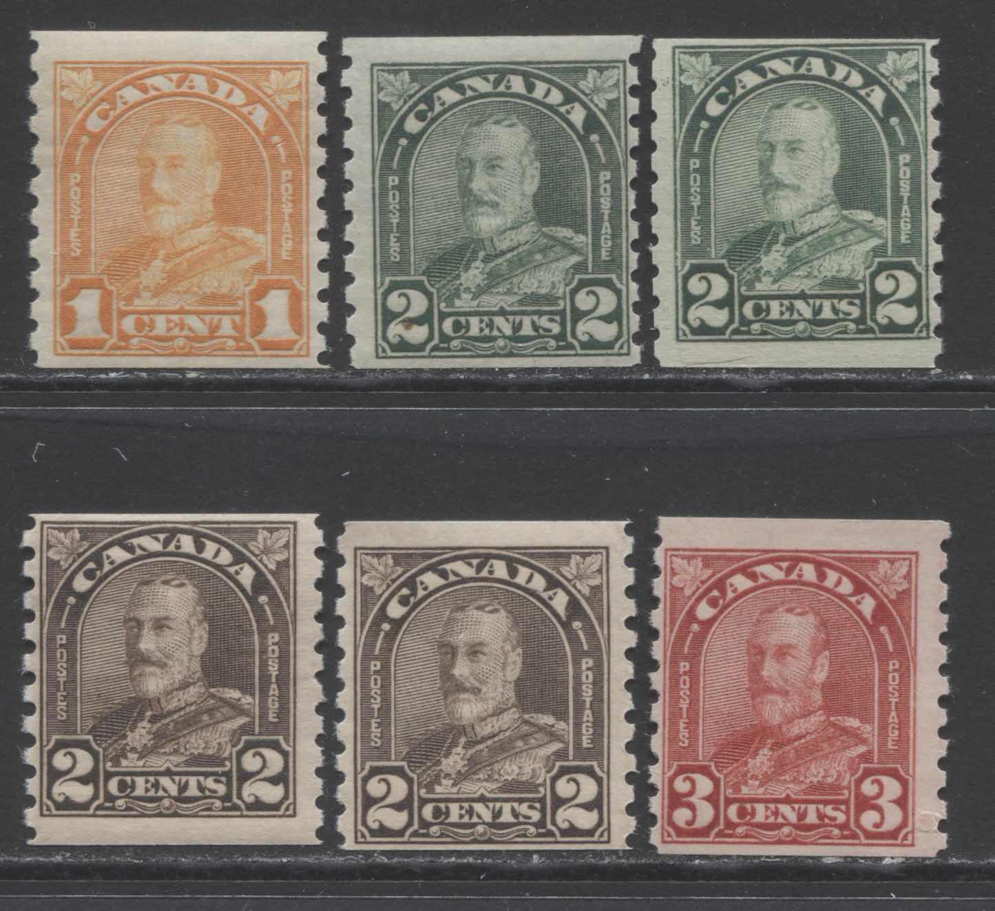 Lot 232 Canada #178, 180, 182-183 1c - 3c Orange - Deep Red King George V, 1930-1931 Arch/Leaf Coil Issue, 6 FNH Coil Singles Showing Additional Shades