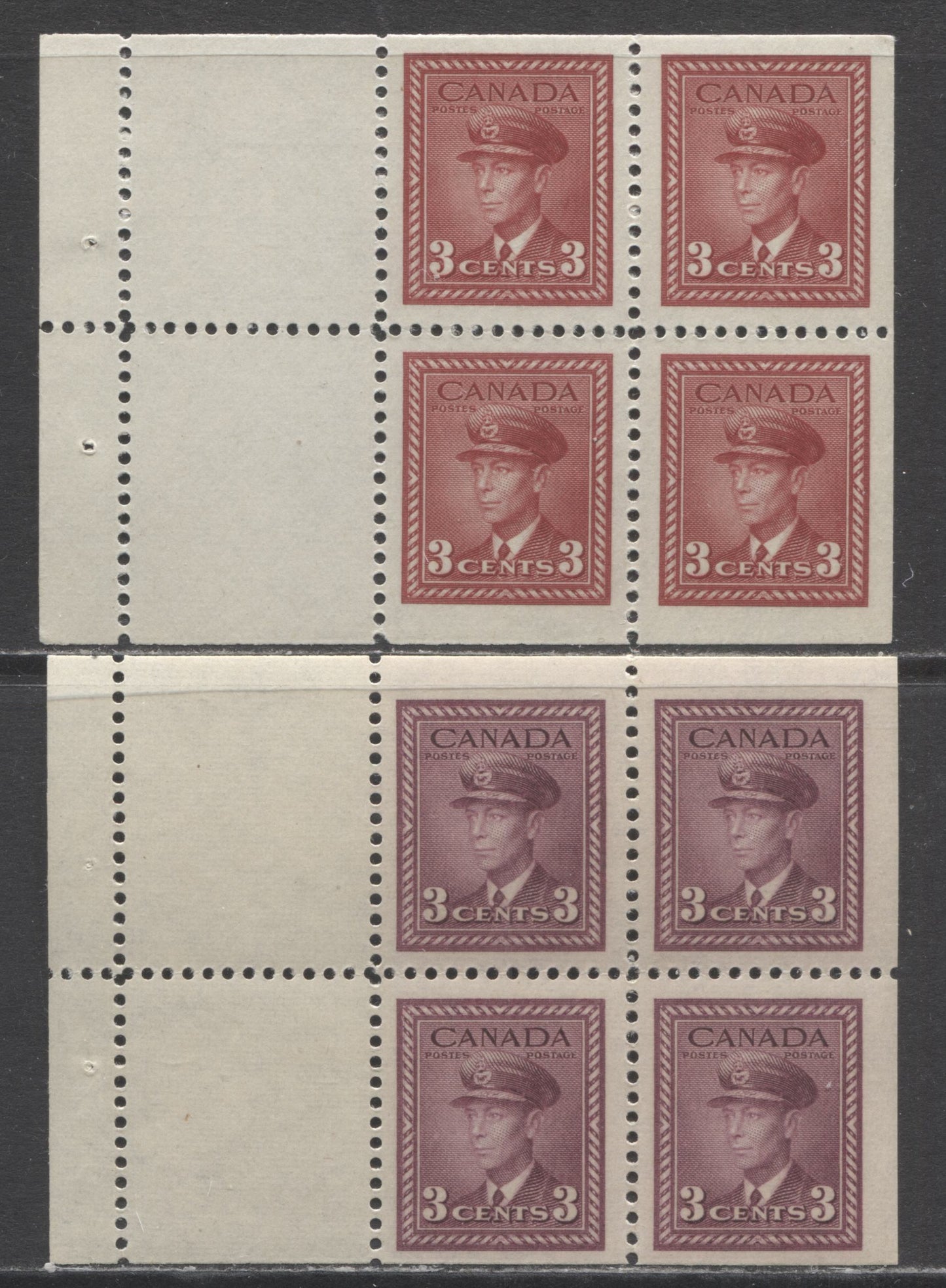 Lot 232 Canada #251a, 252a 3c Dark Carmine & Rose Violet King George VI, 1942-1943 War Issue, 2 Fine NH and VFNH Booklet Panes Of 4 + 2 Labels On Vertical Wove Paper With Cream Gum