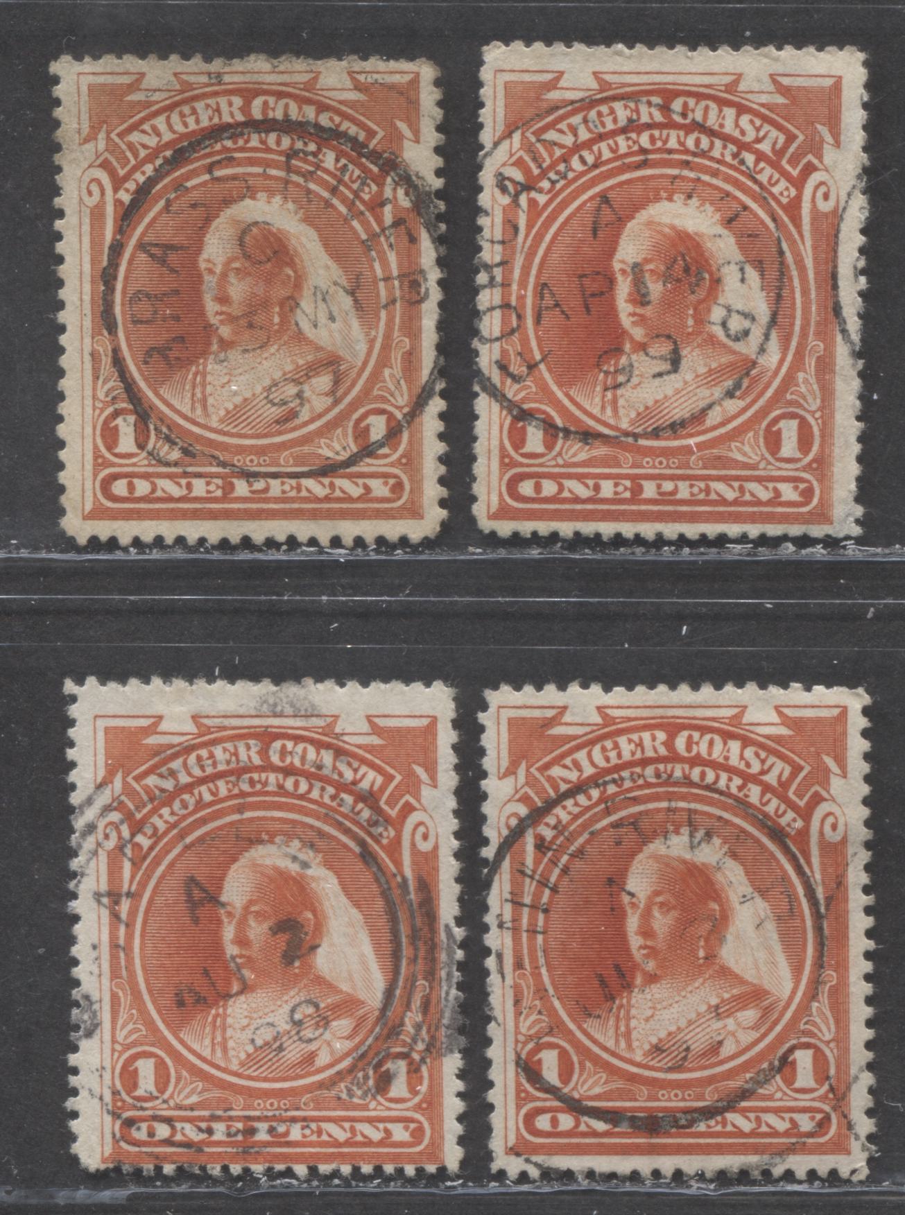Lot 232 Niger Coast SC#56(SG#67,67a,67c) One Penny Vermillion, Orange Vermillion 1897 - 1898 Watermarked Issue, Perf 14.5 - 15 and Perf 15.5 - 16., A Fine Used Example, Click on Listing to See ALL Pictures, Estimated Value $10 USD