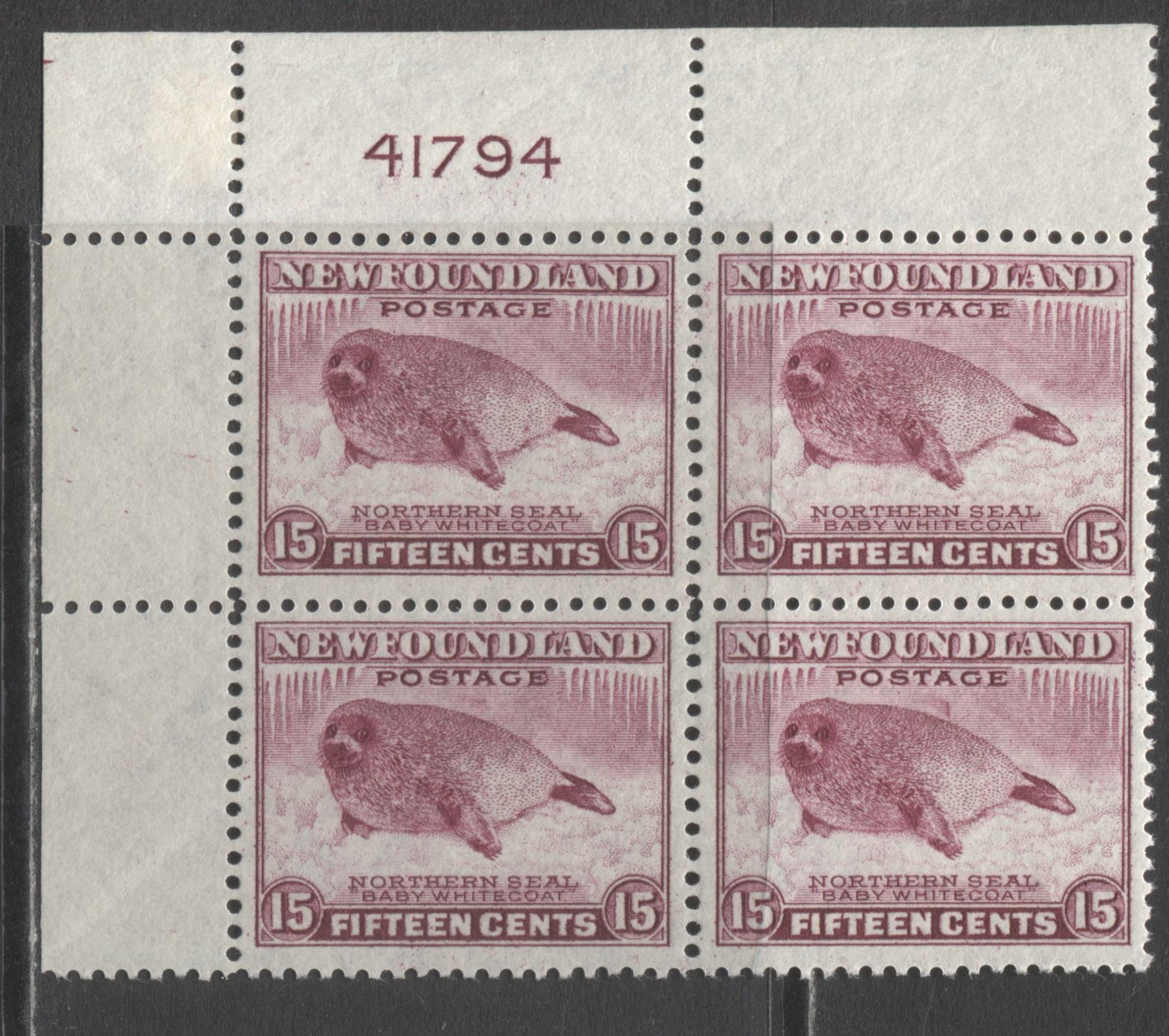 Lot 232 Newfoundland #262 15c Pale Rose Violet Harp Seal Pup, 1941-1944 Resources Re-Issue, A VFNH UL Plate 41794 Block Of 4