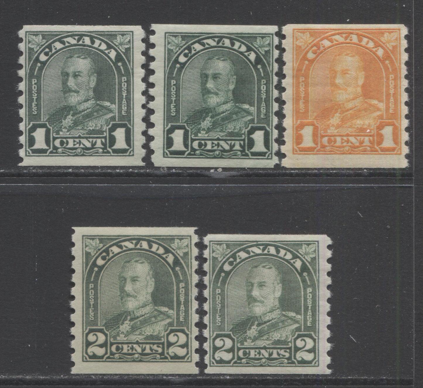 Lot 233 Canada #178-180 1c - 2c Orange - Dull Green King George V, 1930-1931 Arch/Leaf Coil Issue, 5 FOG Coil Singles Showing Additional Shades & Gums