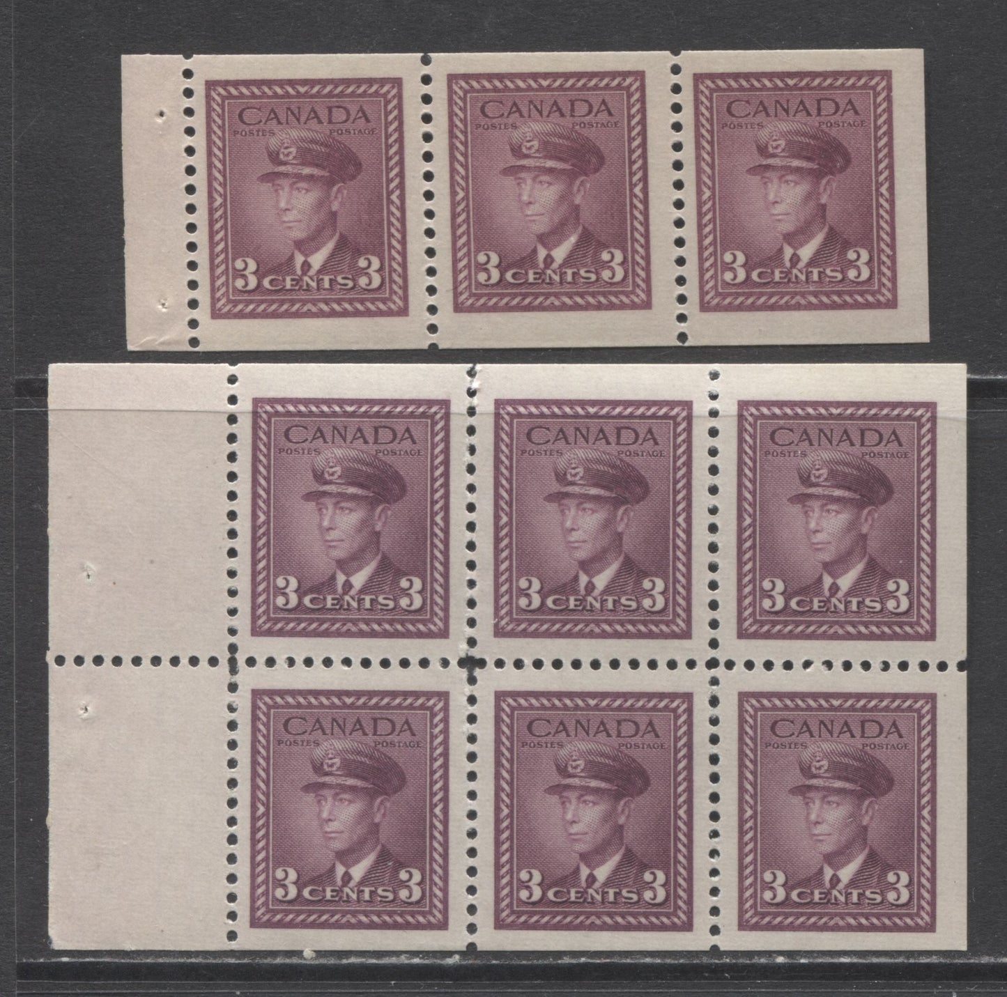Lot 233 Canada #252b, 252c 3c Rose Violet King George VI, 1942-1943 War Issue, 2 VFNH Booklet Panes Of 3 & 6 On Horizontal Wove Paper With Deep Cream Gum, Slight Perf Separation On Pane Of 3