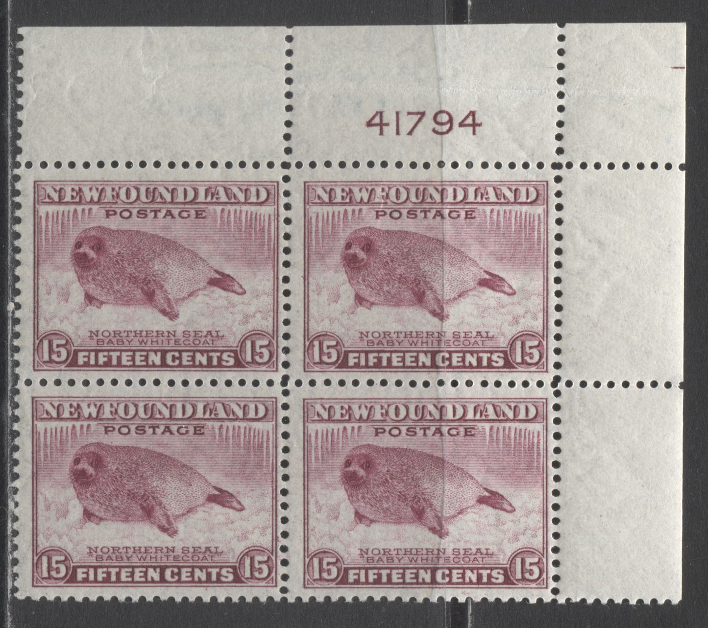 Lot 233 Newfoundland #262 15c Pale Rose Violet Harp Seal Pup, 1941-1944 Resources Re-Issue, A FNH UR Plate 41794 Block Of 4