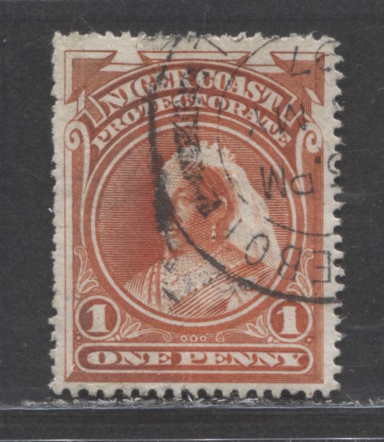Lot 233 Niger Coast SC#56(SG#67a) One Penny Vermillion 1897 - 1898 Watermarked Issue, Perf 14.5 - 15 , A Fine Used Example, Click on Listing to See ALL Pictures, Estimated Value $8 USD