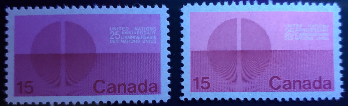 Canada #514i var 15c Dull Lilac And Dark Red Energy Unification, 1970 United Nations Issue, A VFNH Single Bright Fluorescent Pink Ink Under UV, On LF Greyish White/ LF-fl Greyish White Paper W/ Sparse LF & Wood Pulp Fibres