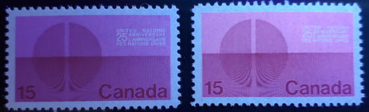 Canada #514i var 15c Dull Lilac And Dark Red Energy Unification, 1970 United Nations Issue, A VFNH Single Bright Fluorescent Pink Ink Under UV, On LF Greyish White/ LF-fl Greyish White Paper W/ Sparse LF & Wood Pulp Fibres