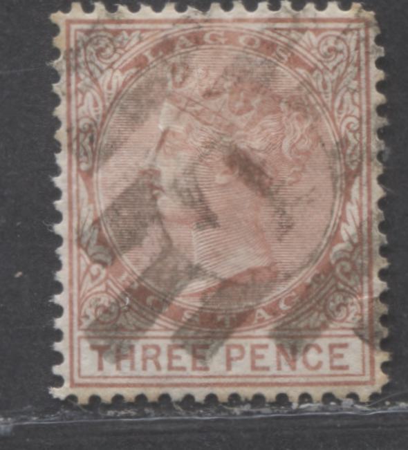 Lot 234 Lagos SG#13 (SC#9) 3d Chestnut & Red Brown, Queen Victoria, 1876-1880 Comb Perf. 14 Crown CC Watermarked Issue, 4th Printing, A Very Fine Used Example, 2022 Scott Classic Cat. $30 USD,  Click on Listing to See ALL Pictures